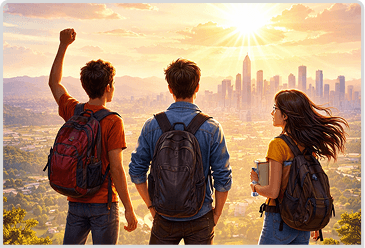 Three teens looking out toward a city skyline