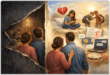 A family looking at a scene of their teen's full picture