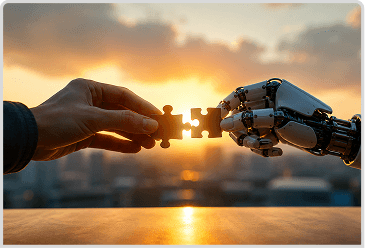 A human hand and a robot hand joining puzzle pieces at sunset