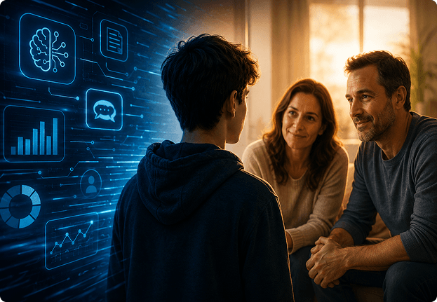 Teen with parents as digital alignment insights appear beside them