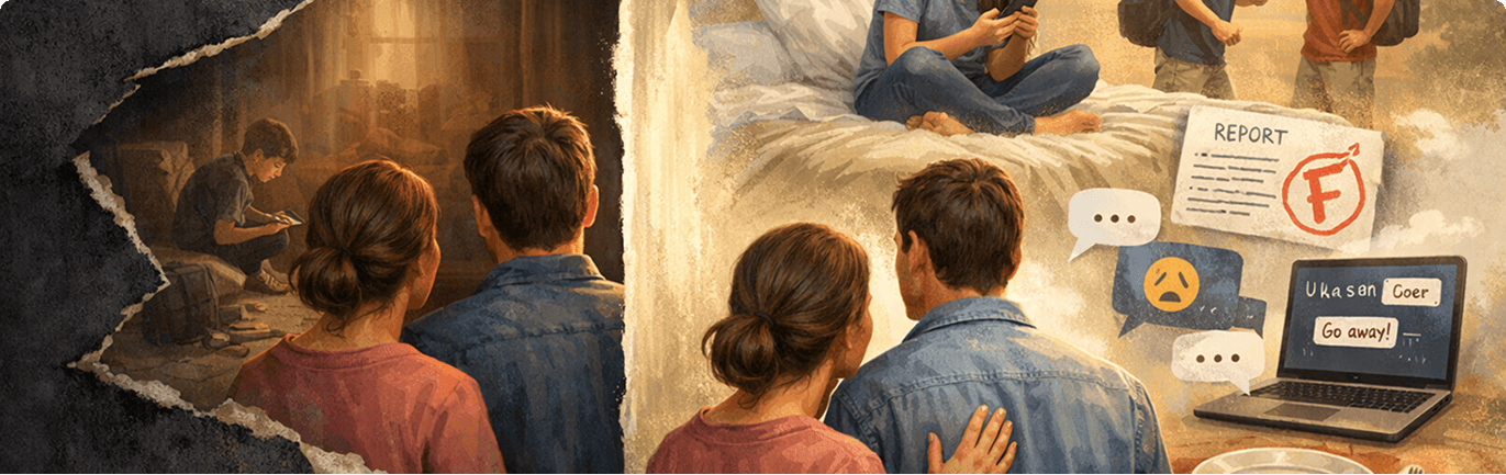 Parents looking through a torn view at their teen's hidden struggles and pressures