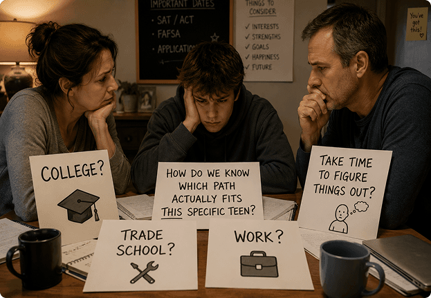 Parents and teen at a table reviewing college, trade school, work, and other path options