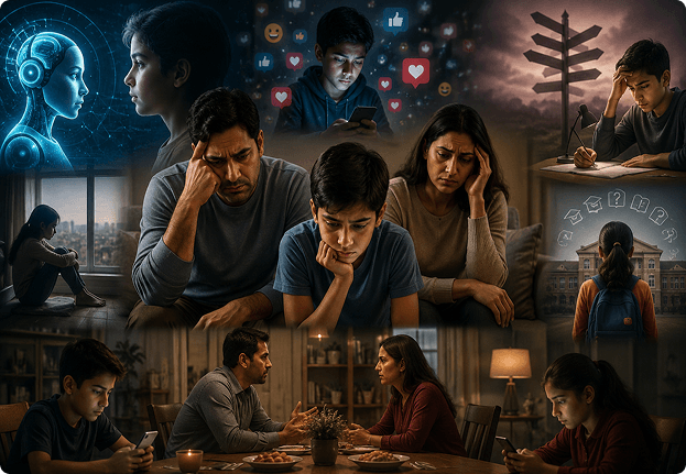 Collage illustrating AI influence, social media, family disconnection, and career uncertainty facing teens and parents
