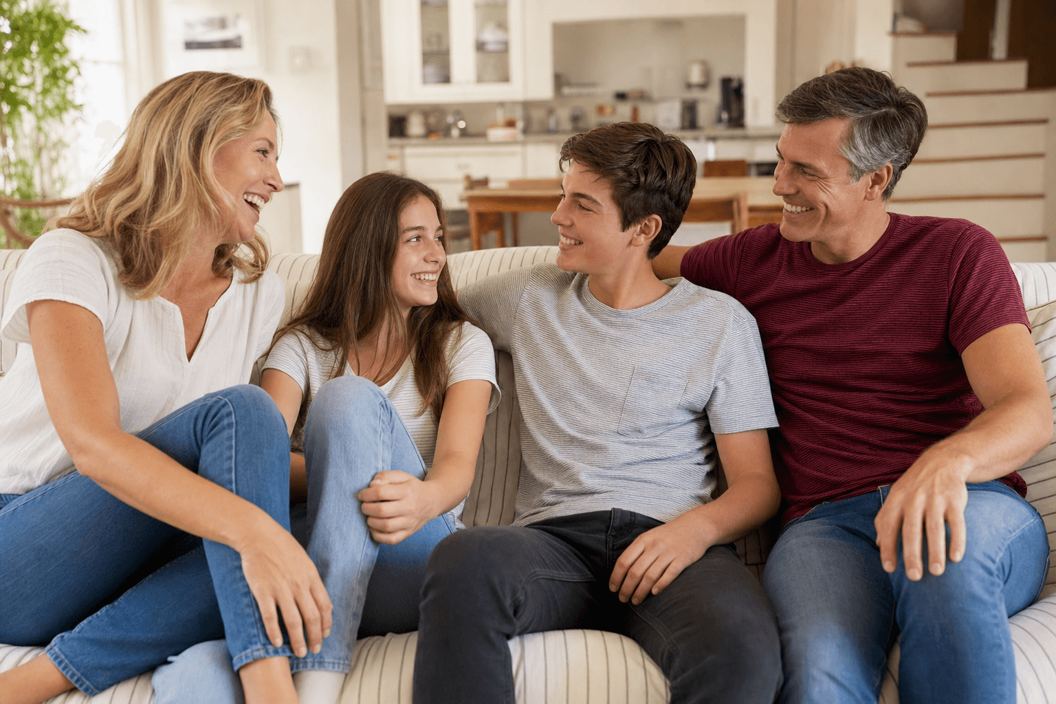 Family sitting together and smiling in their living room